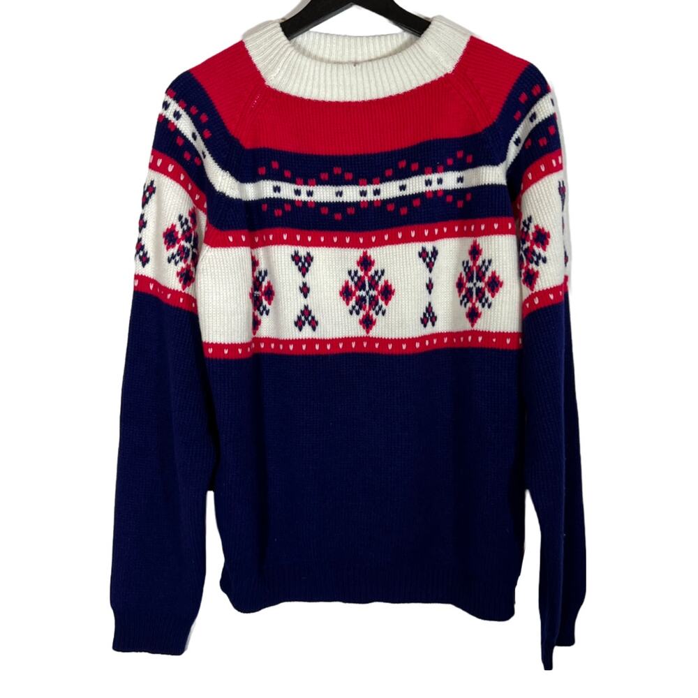 Vintage Ski Sweater Red Blue White JCPenney Pullover Chunky Fair Isle